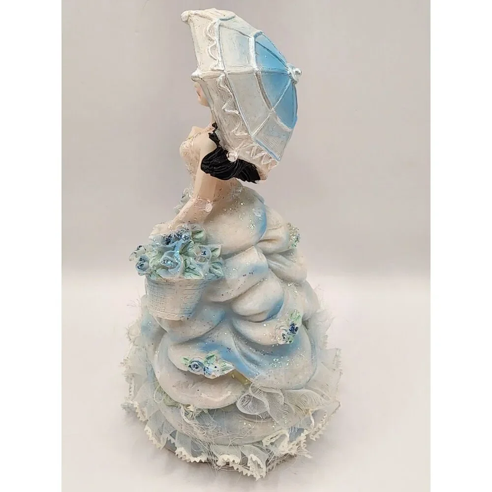 Vintage Hard Plastic Lady Figurine Blue Dress Crown Parasol Jewelry 6 inches